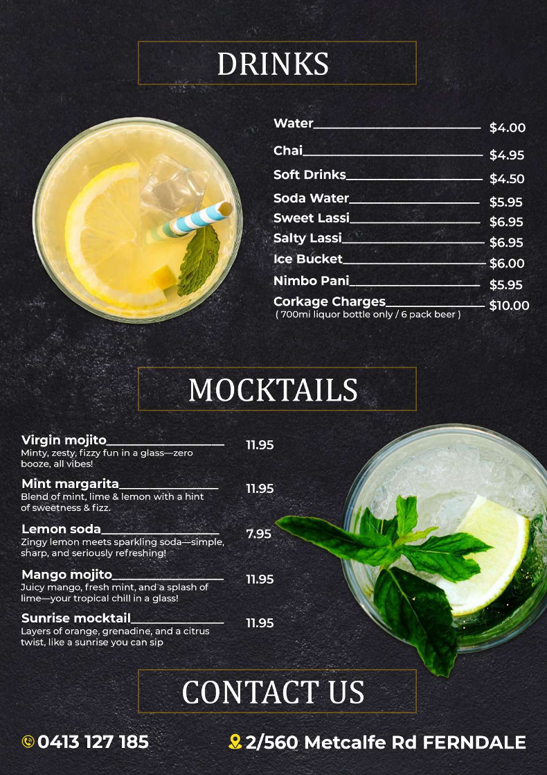 Menu, Flaming Karachi Ferndale