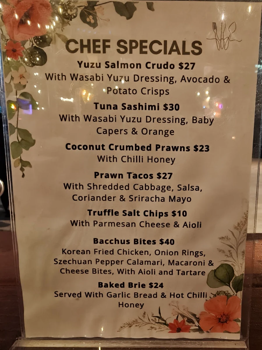 Menu, Bacchus Bar