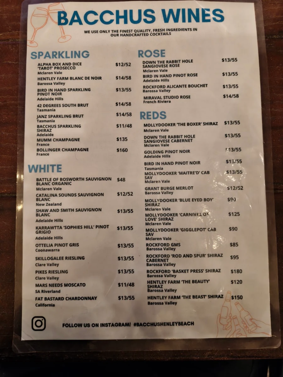 Menu, Bacchus Bar