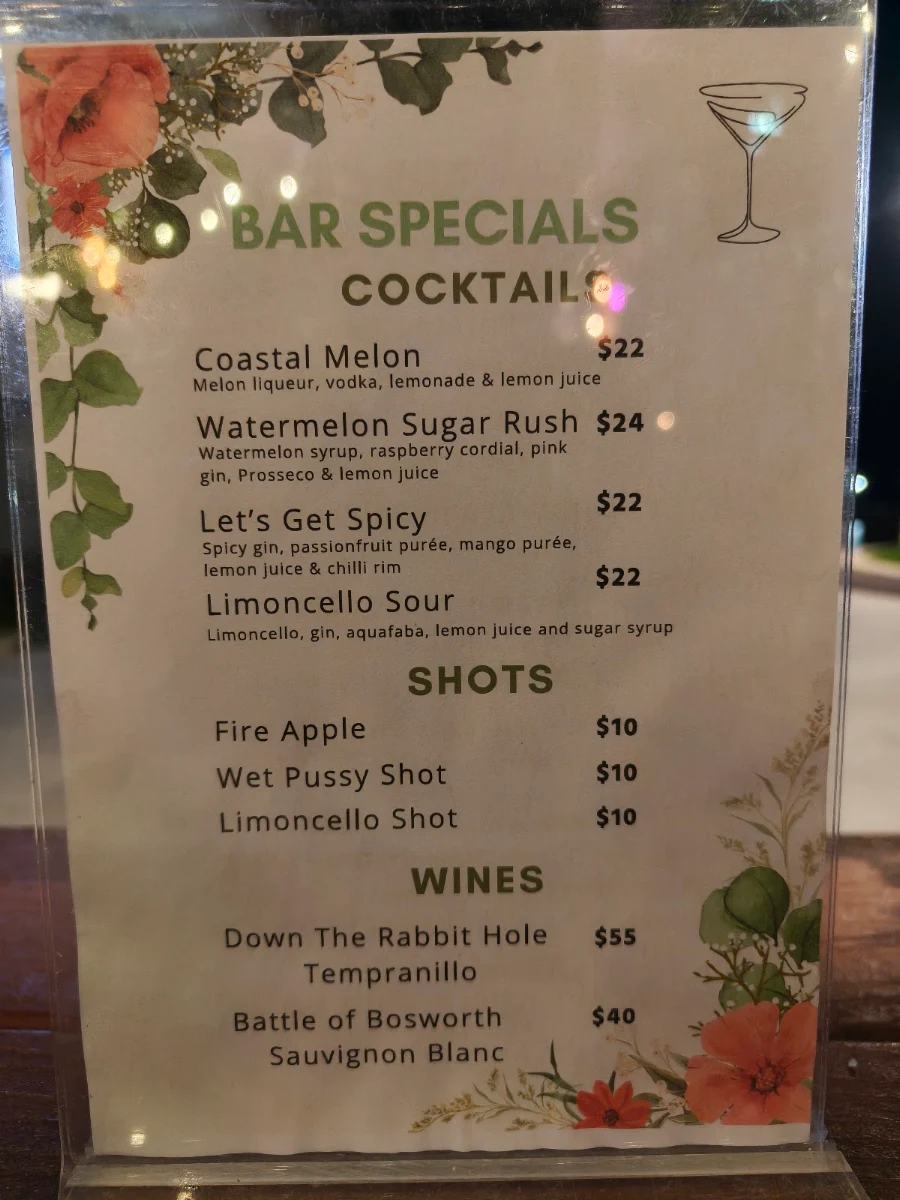 Menu, Bacchus Bar