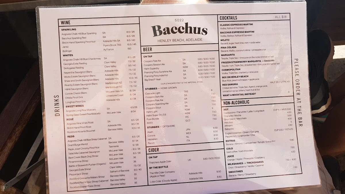 Menu, Bacchus Bar