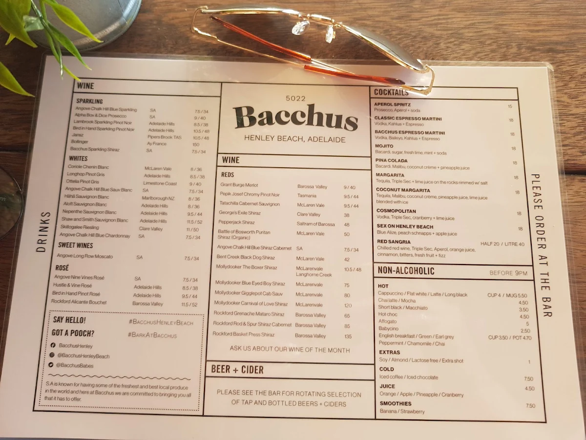 Menu, Bacchus Bar