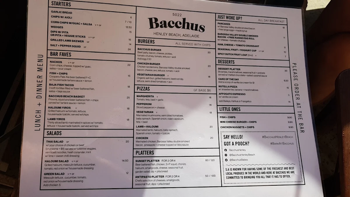 Menu, Bacchus Bar