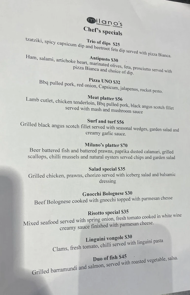 Menu, Milano's Restaurant and Pizzeria