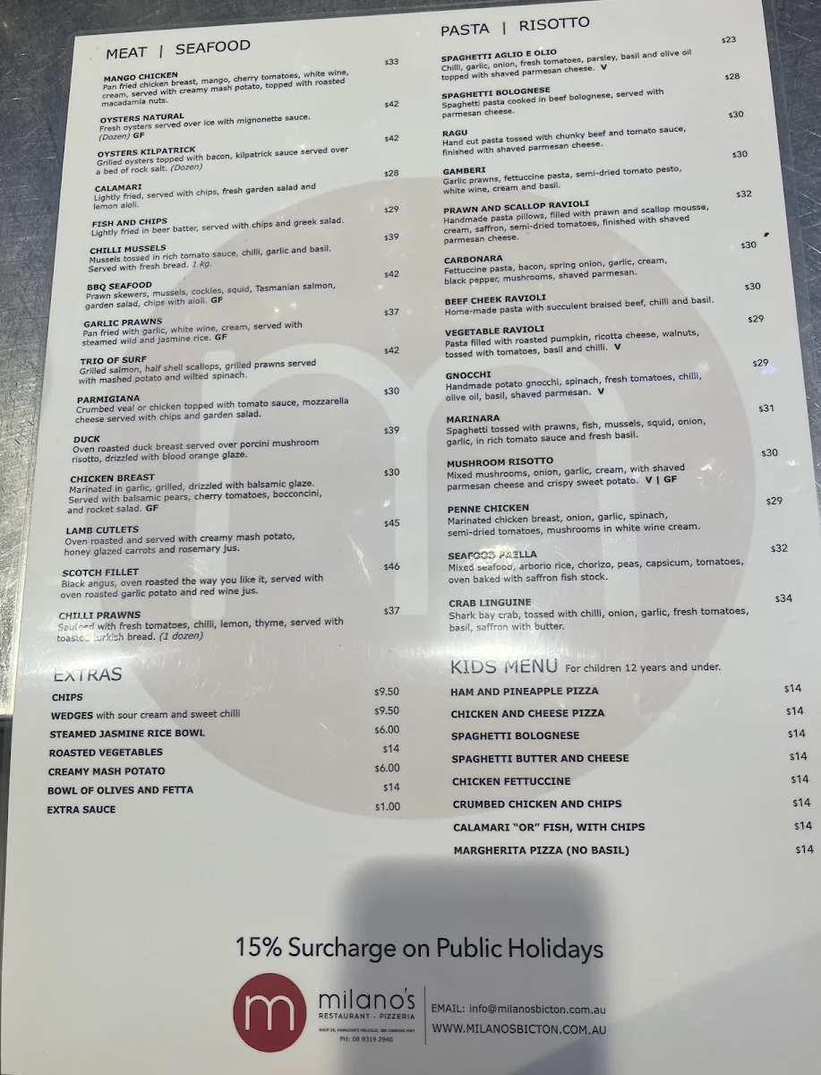 Menu, Milano's Restaurant and Pizzeria