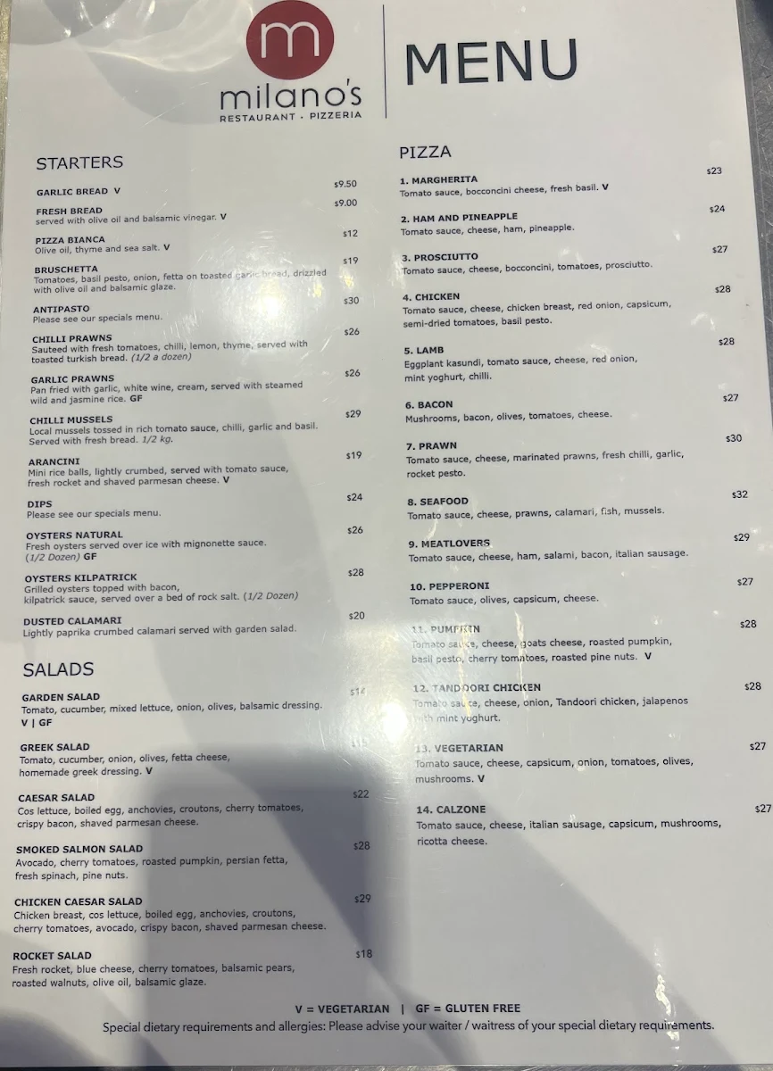 Menu, Milano's Restaurant and Pizzeria
