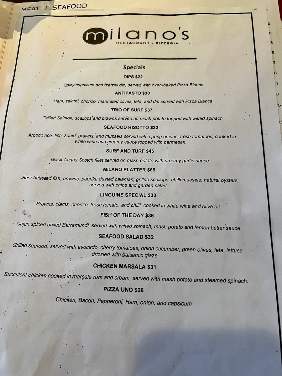 Menu, Milano's Restaurant and Pizzeria