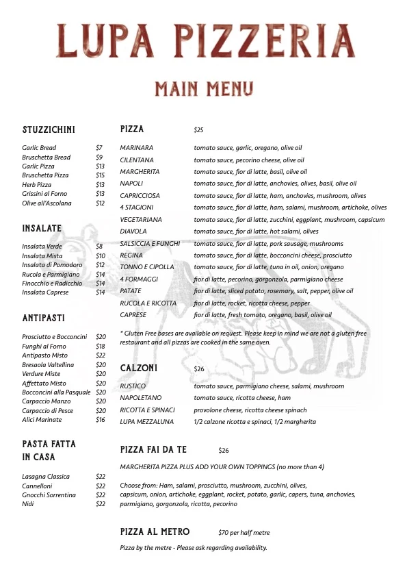 Menu, Lupa Pizzeria