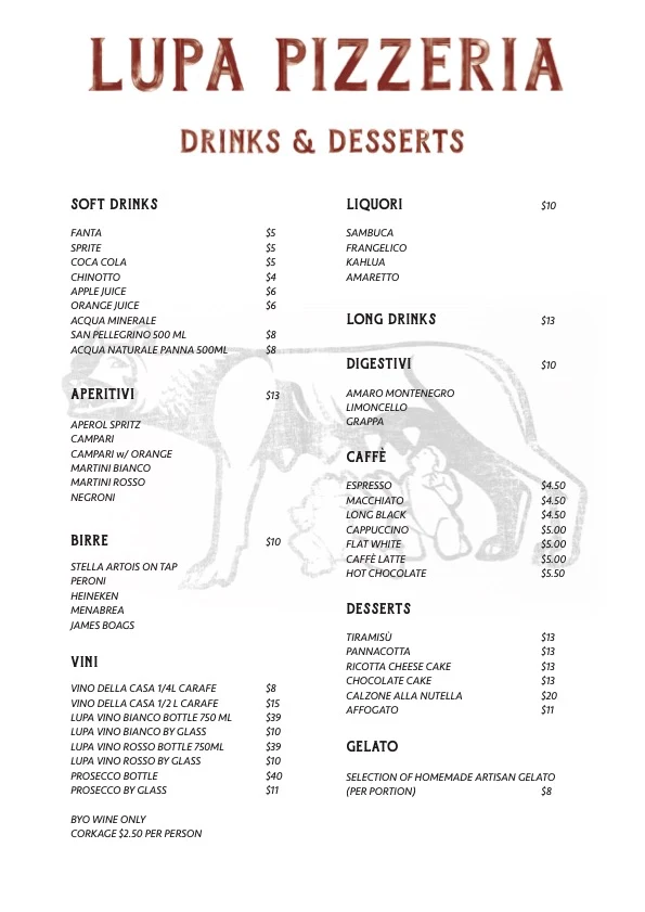 Menu, Lupa Pizzeria