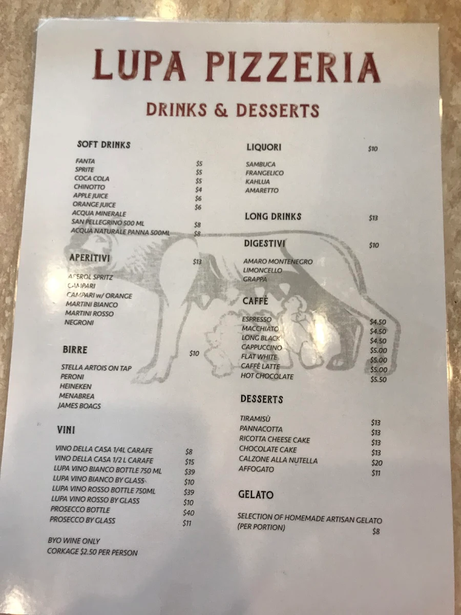 Menu, Lupa Pizzeria