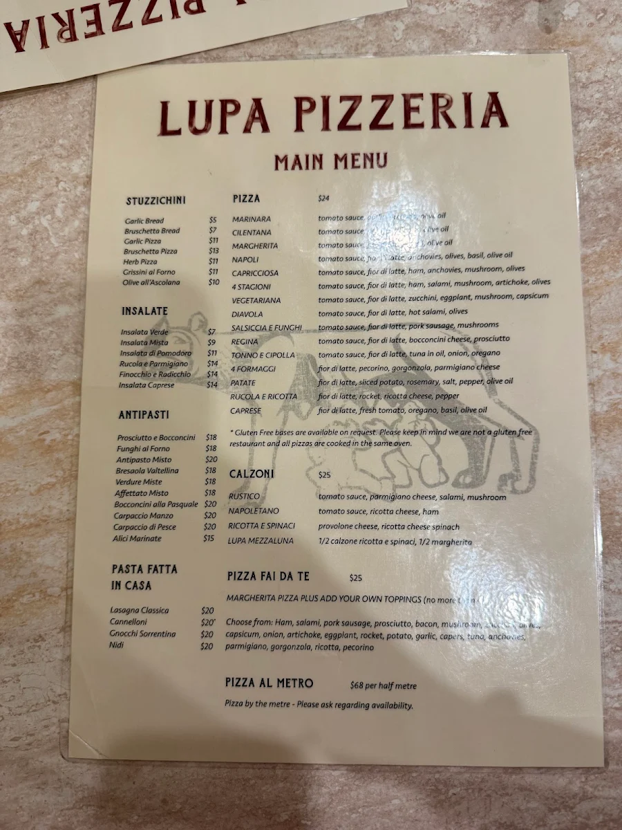 Menu, Lupa Pizzeria