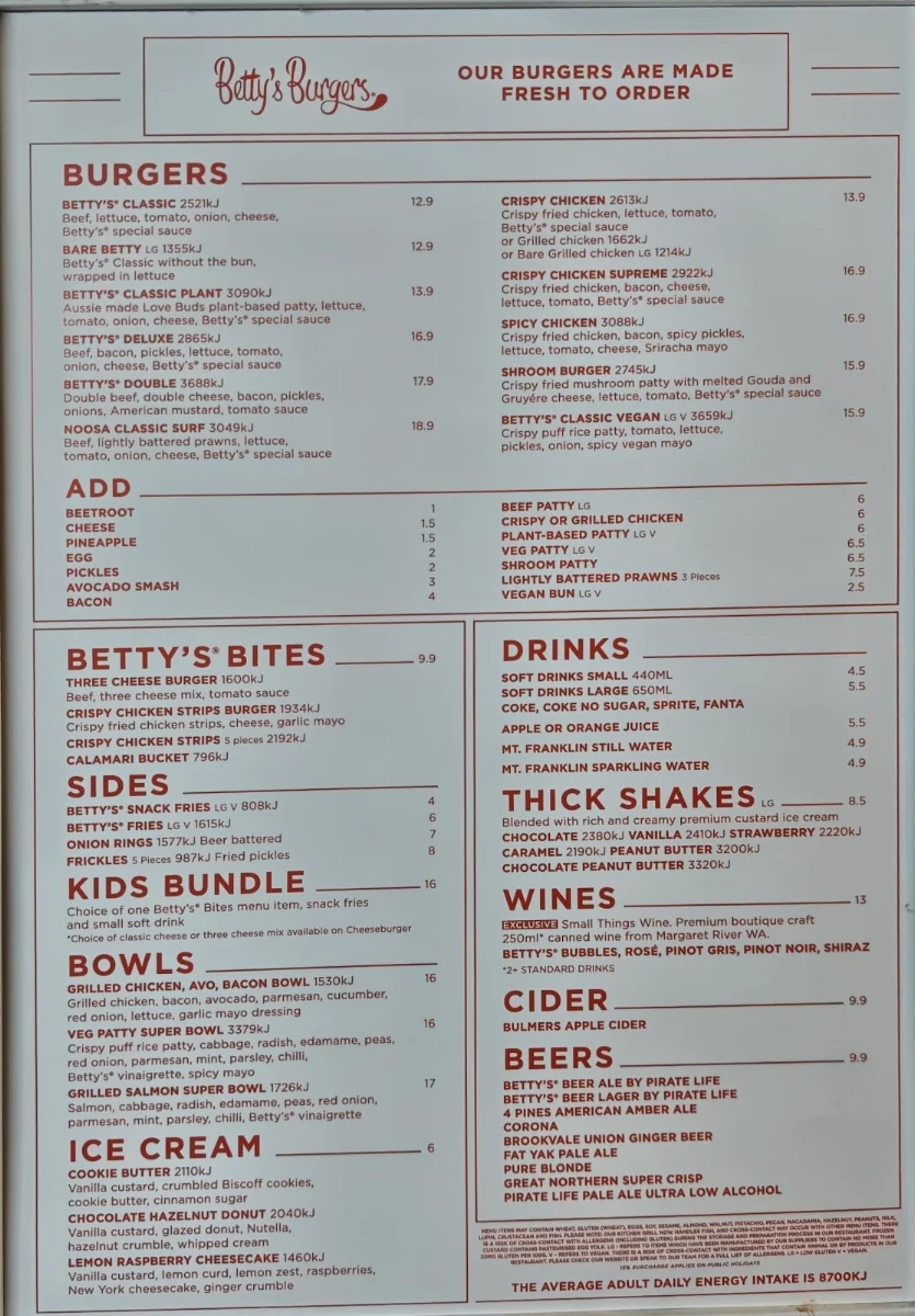Menu, Betty's Burgers