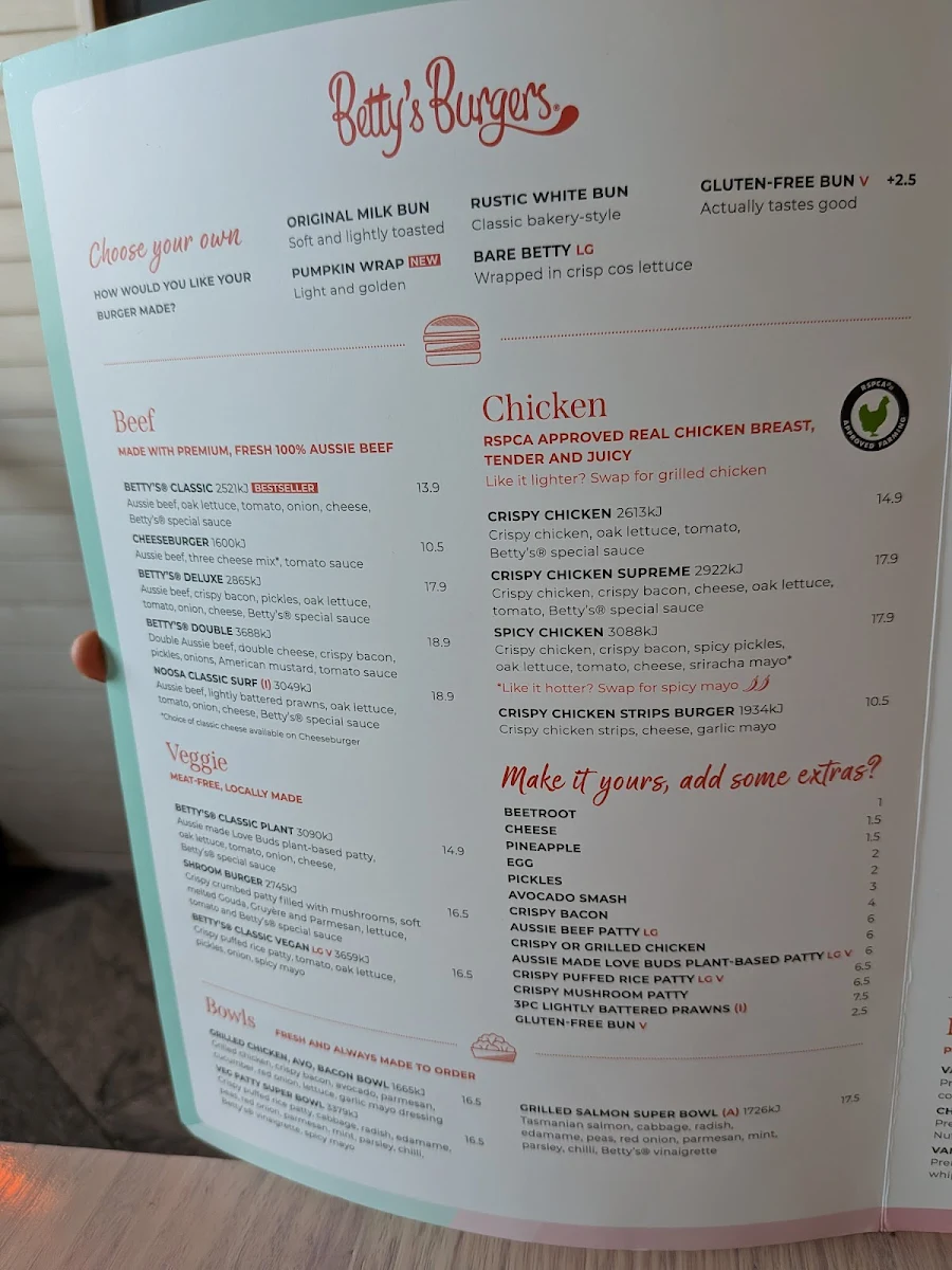 Menu, Betty's Burgers