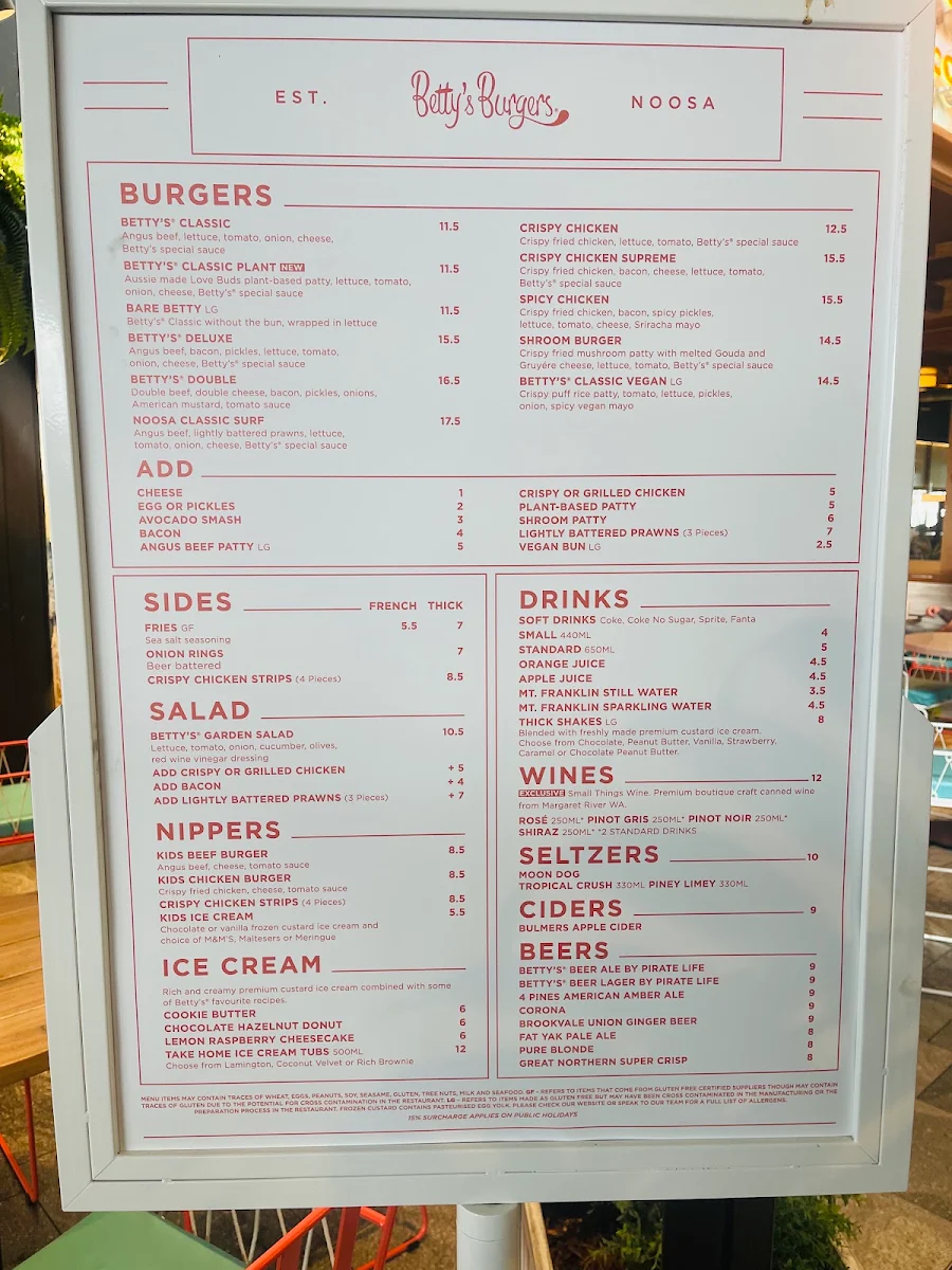 Menu, Betty's Burgers