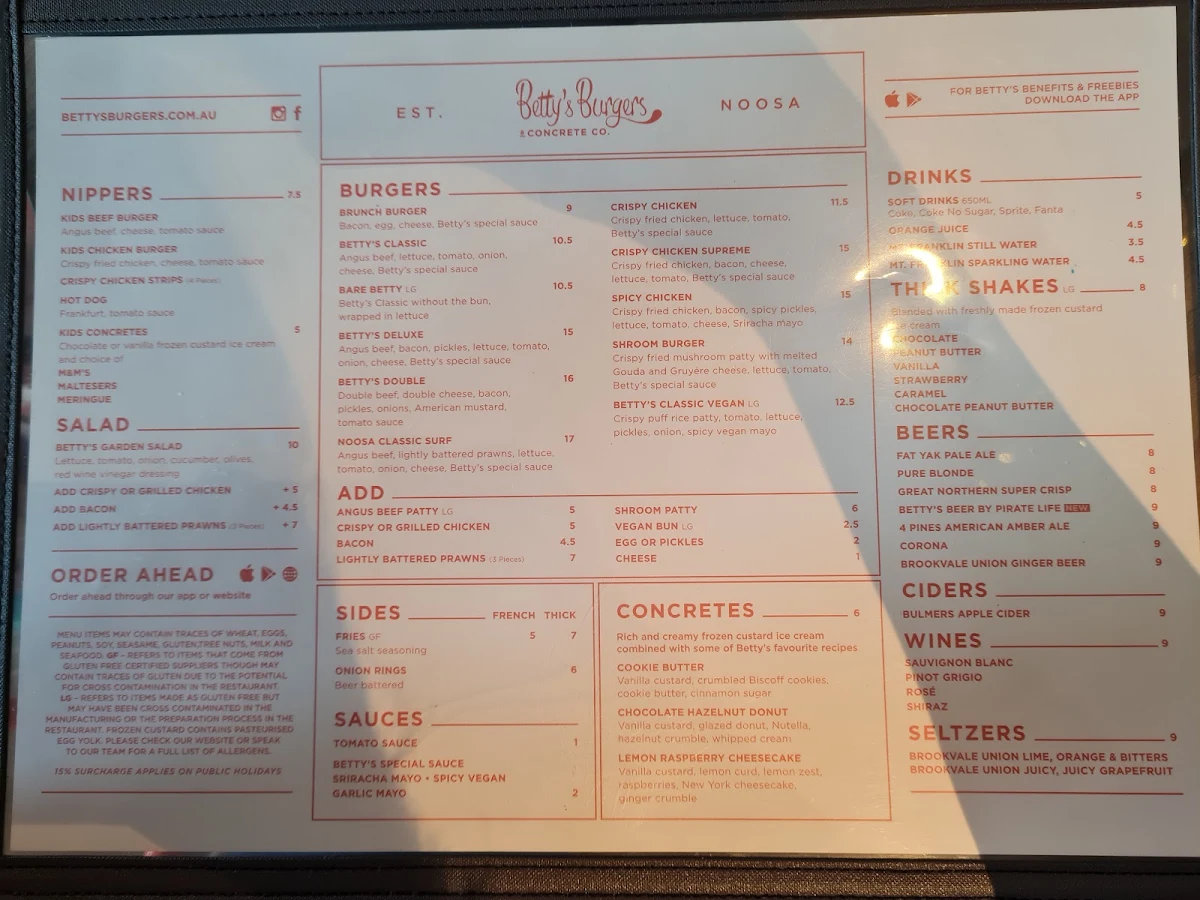 Menu, Betty's Burgers