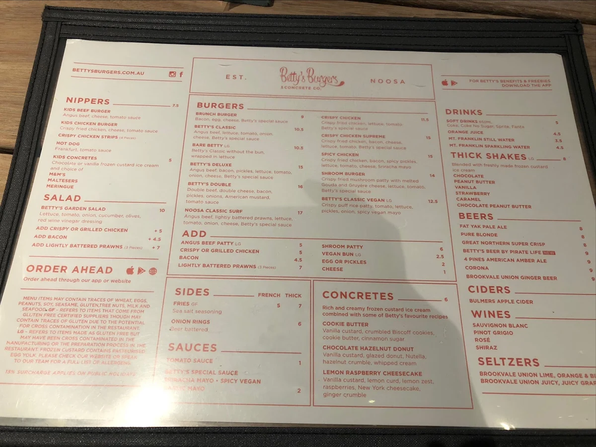 Menu, Betty's Burgers