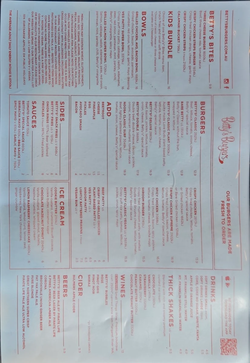 Menu, Betty's Burgers
