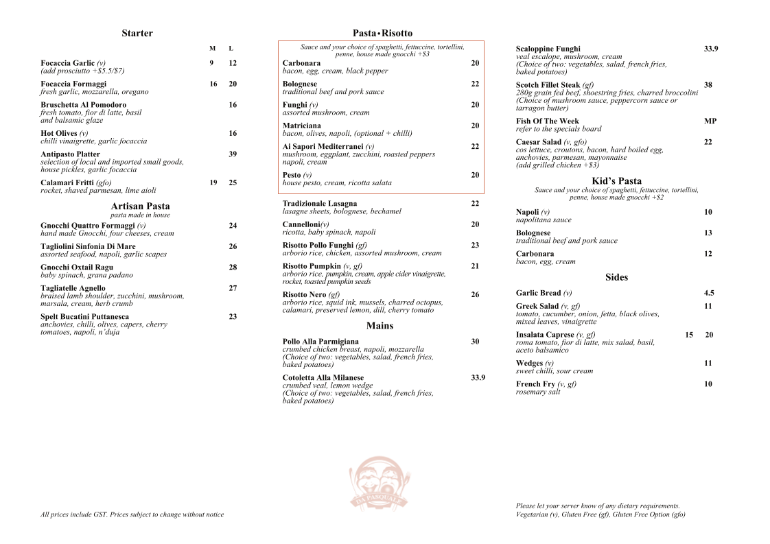 Menu, Da Pasquale Woodfire Pizzeria