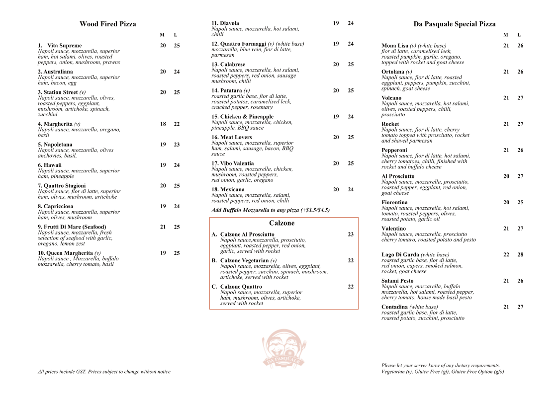 Menu, Da Pasquale Woodfire Pizzeria