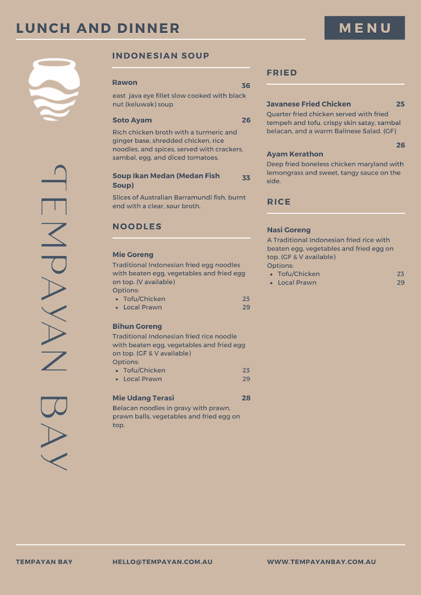 Menu, Tempayan Bay