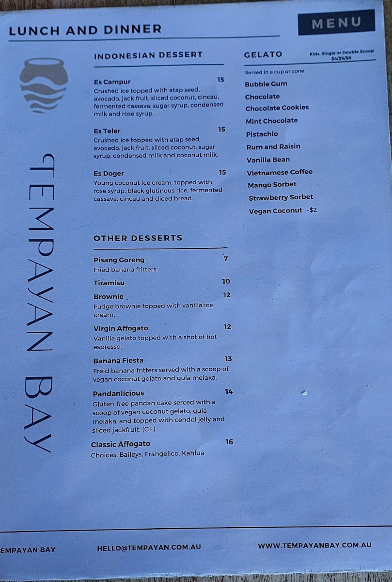 Menu, Tempayan Bay