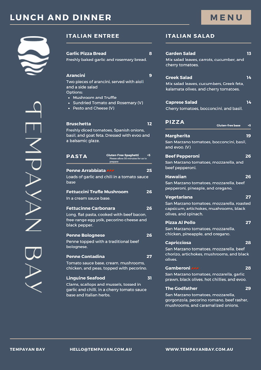 Menu, Tempayan Bay