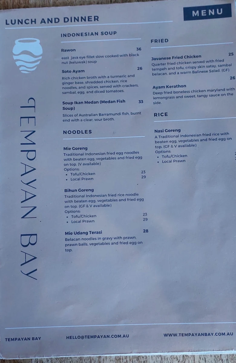 Menu, Tempayan Bay