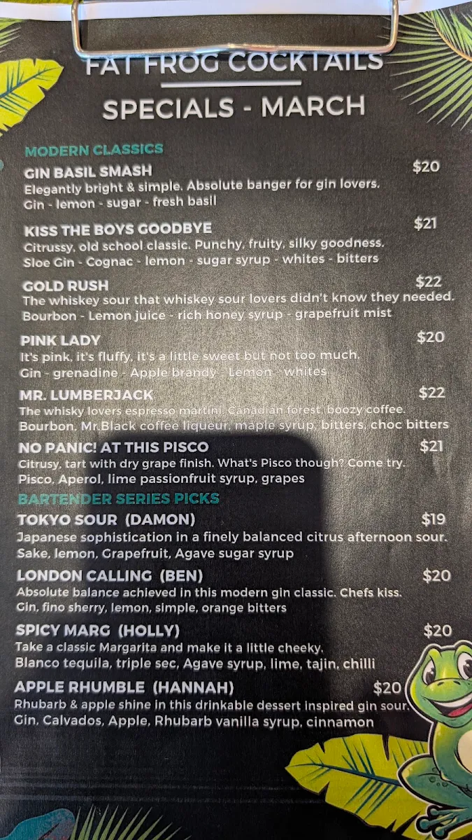 Menu, Fat Frog Kitchen & Cocktails