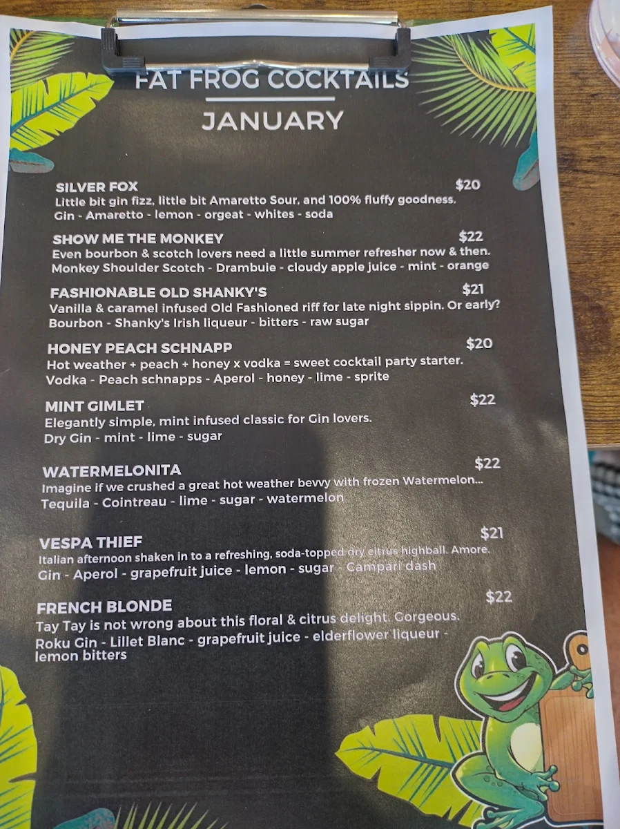 Menu, Fat Frog Kitchen & Cocktails