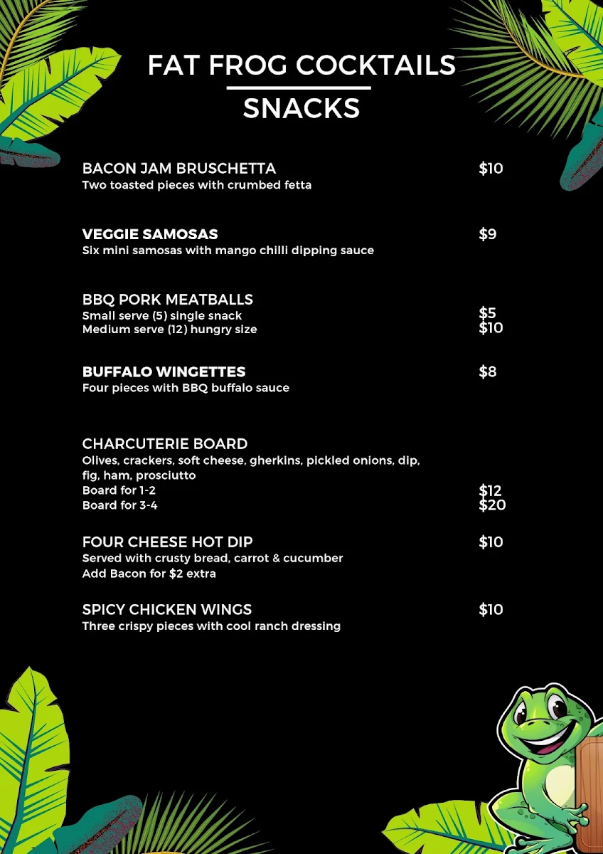 Menu, Fat Frog Kitchen & Cocktails
