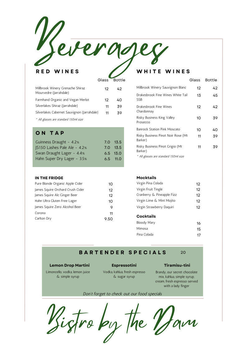 Menu, Bistro by the Dam