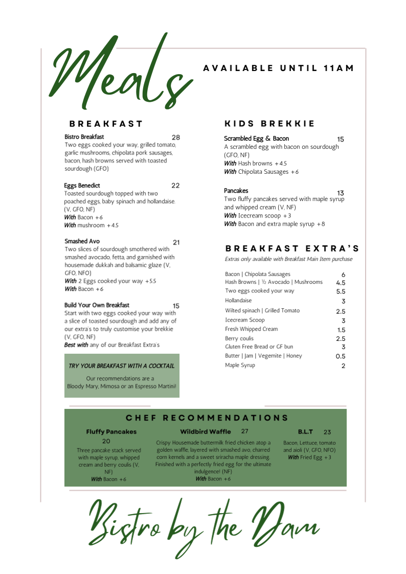 Menu, Bistro by the Dam