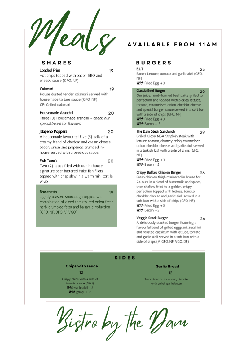 Menu, Bistro by the Dam