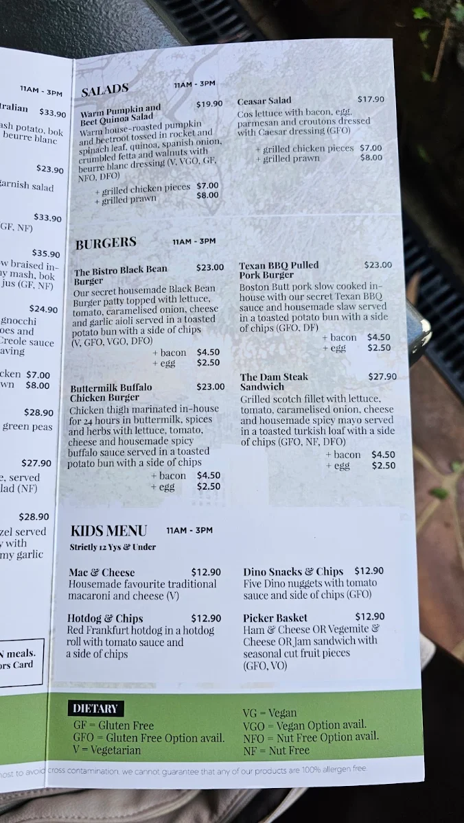 Menu, Bistro by the Dam