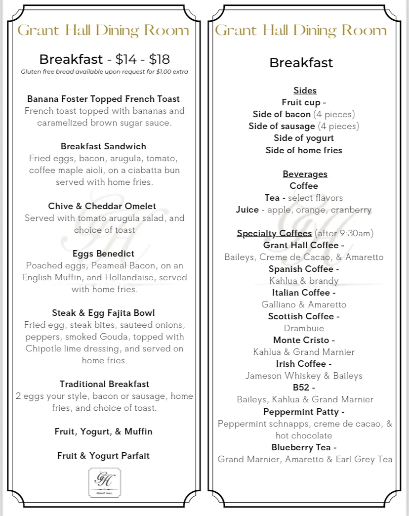 Menu, Grant Hall Dining Room & Lounge