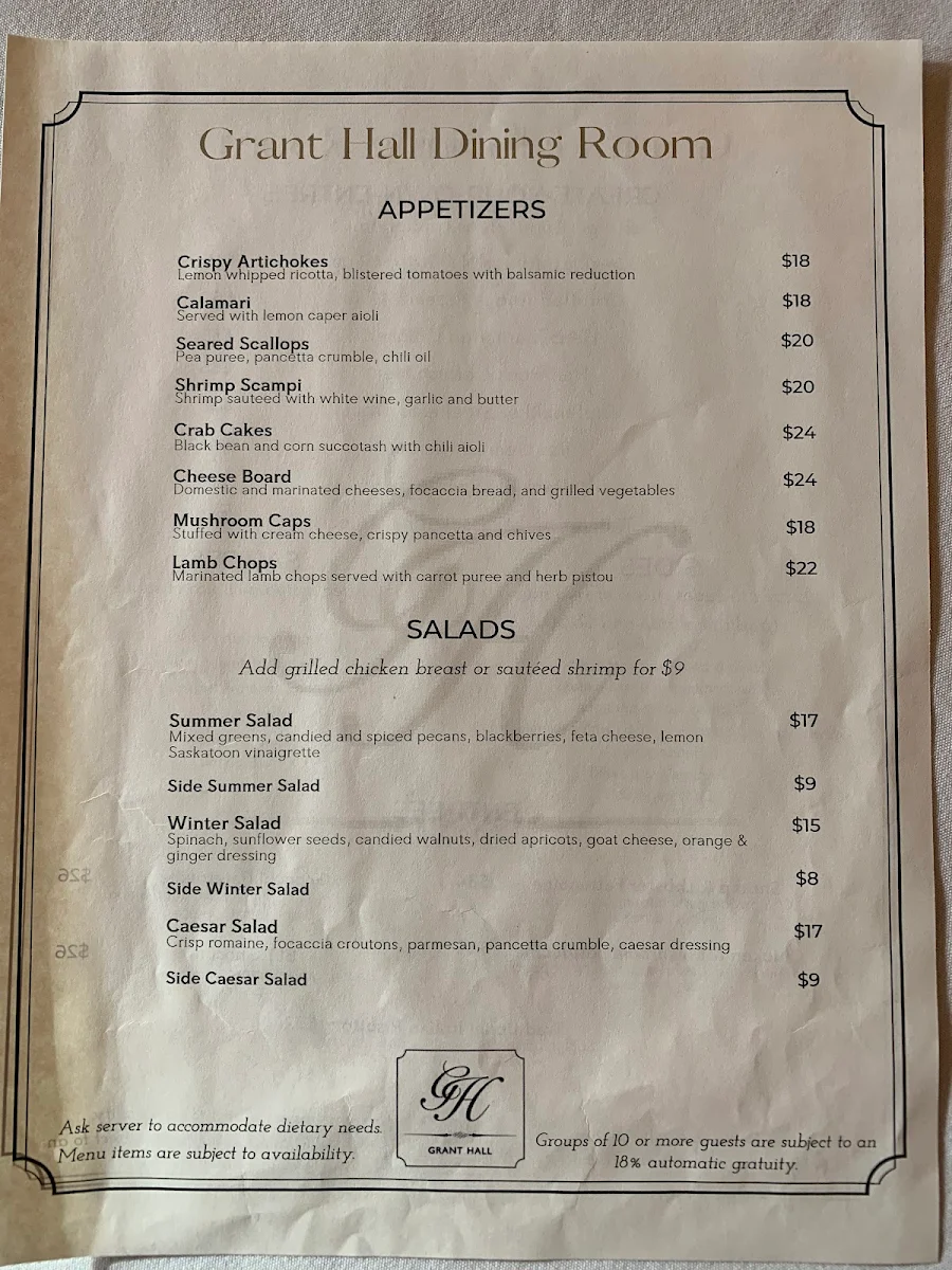 Menu, Grant Hall Dining Room & Lounge