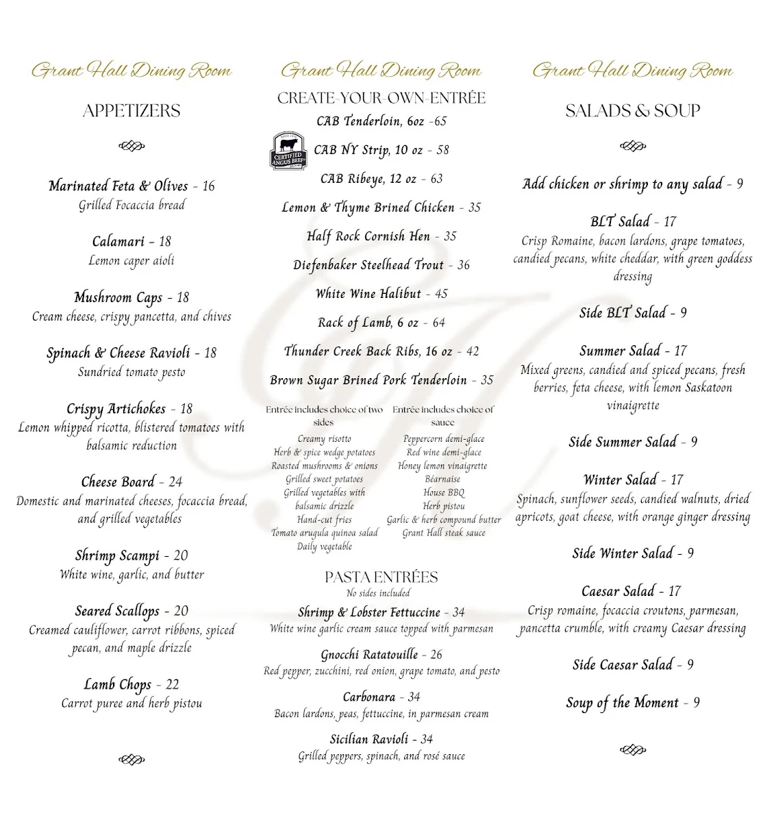 Menu, Grant Hall Dining Room & Lounge