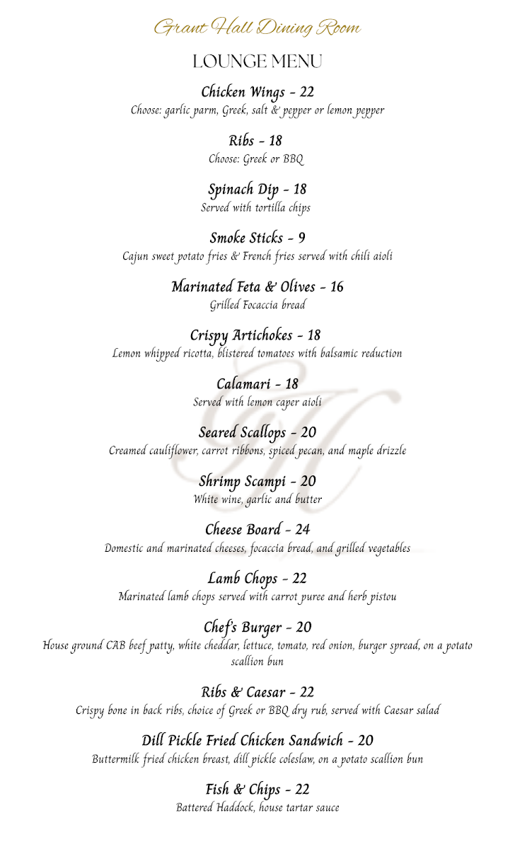 Menu, Grant Hall Dining Room & Lounge