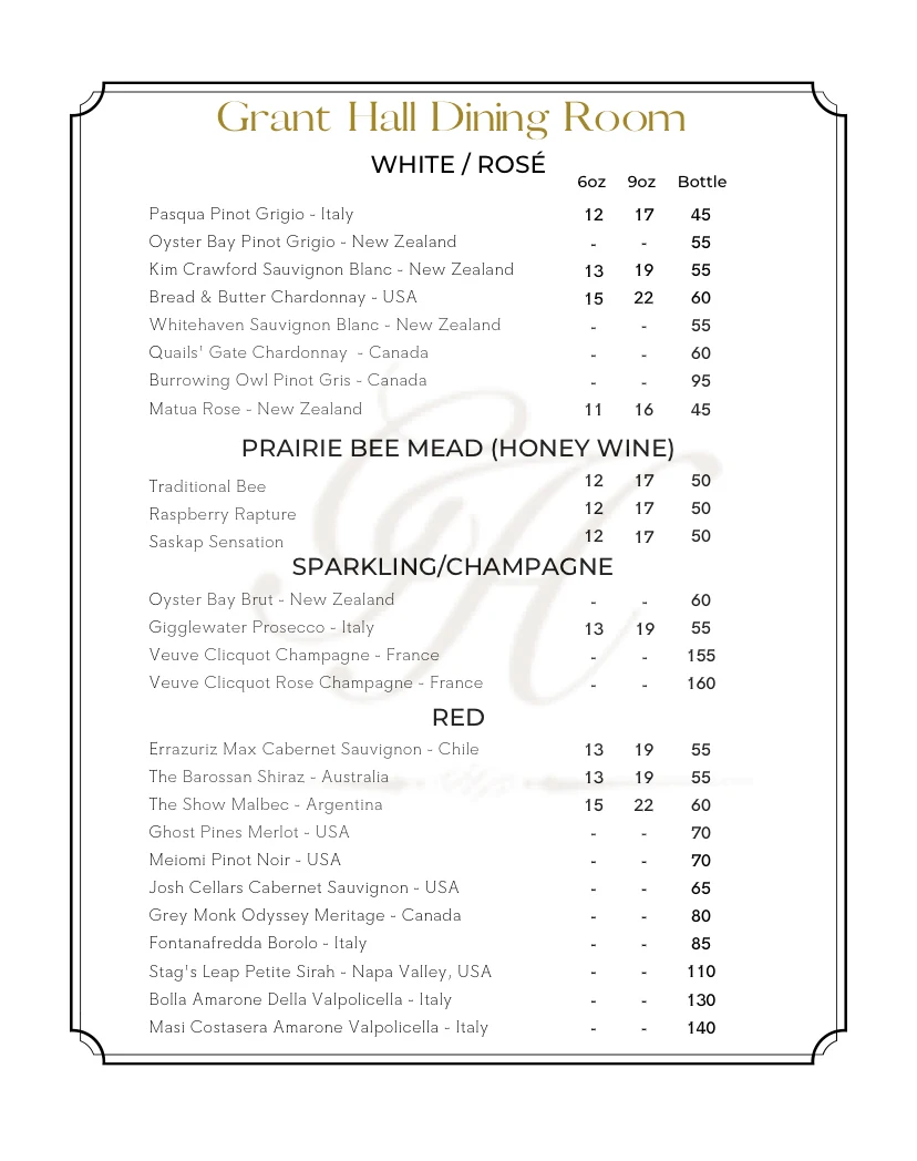 Menu, Grant Hall Dining Room & Lounge