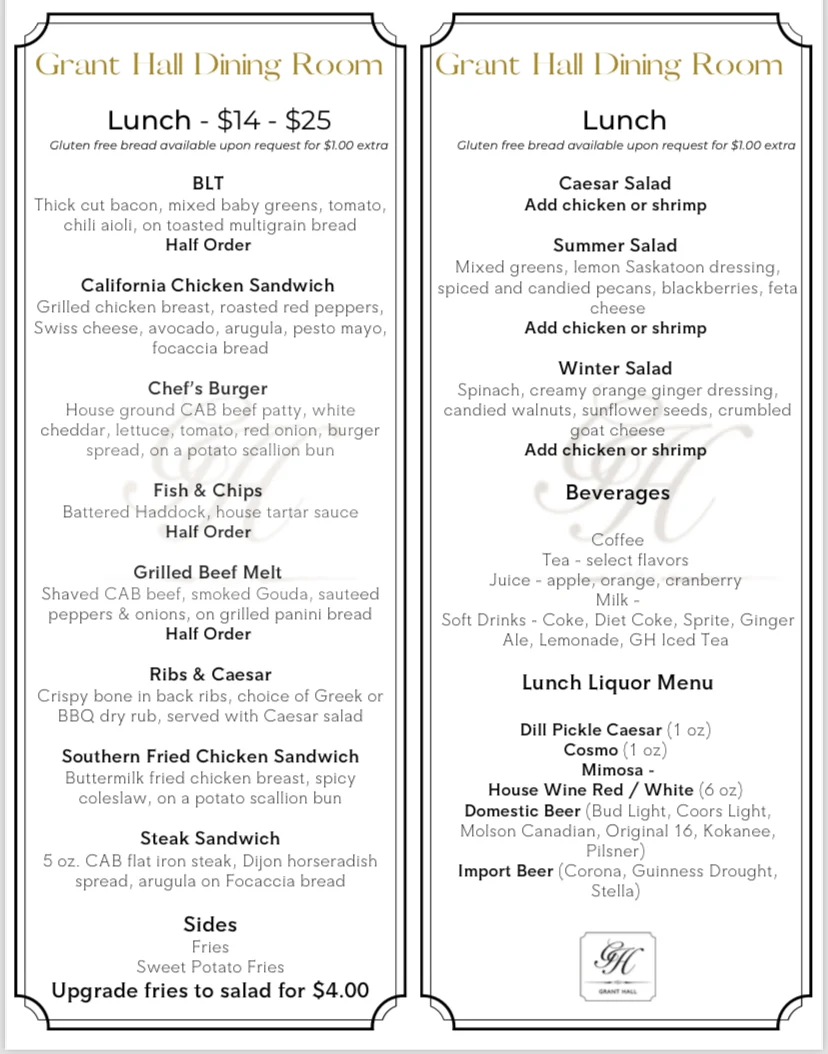 Menu, Grant Hall Dining Room & Lounge