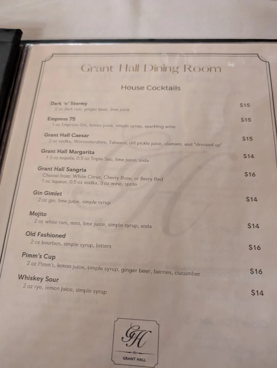 Menu, Grant Hall Dining Room & Lounge