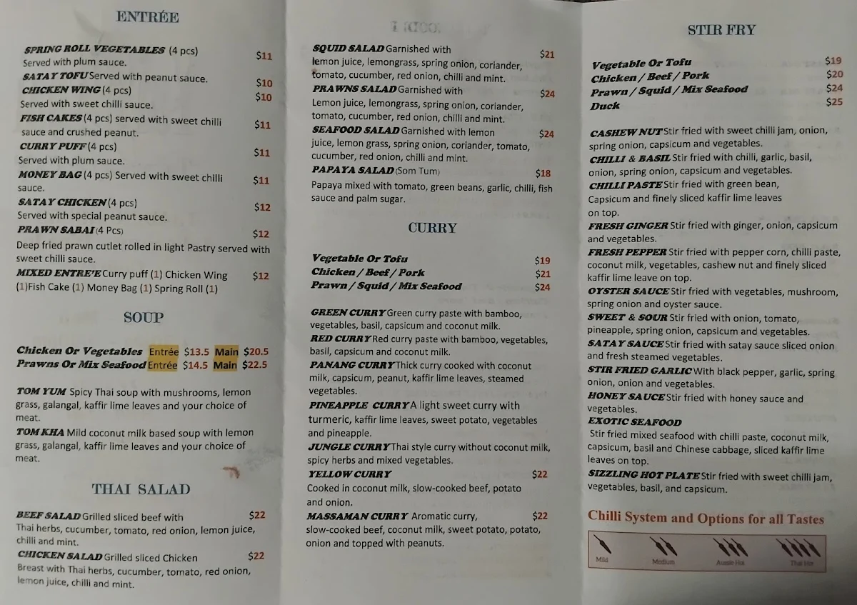 Menu, Yai’s Thai Takeaway & Cafe