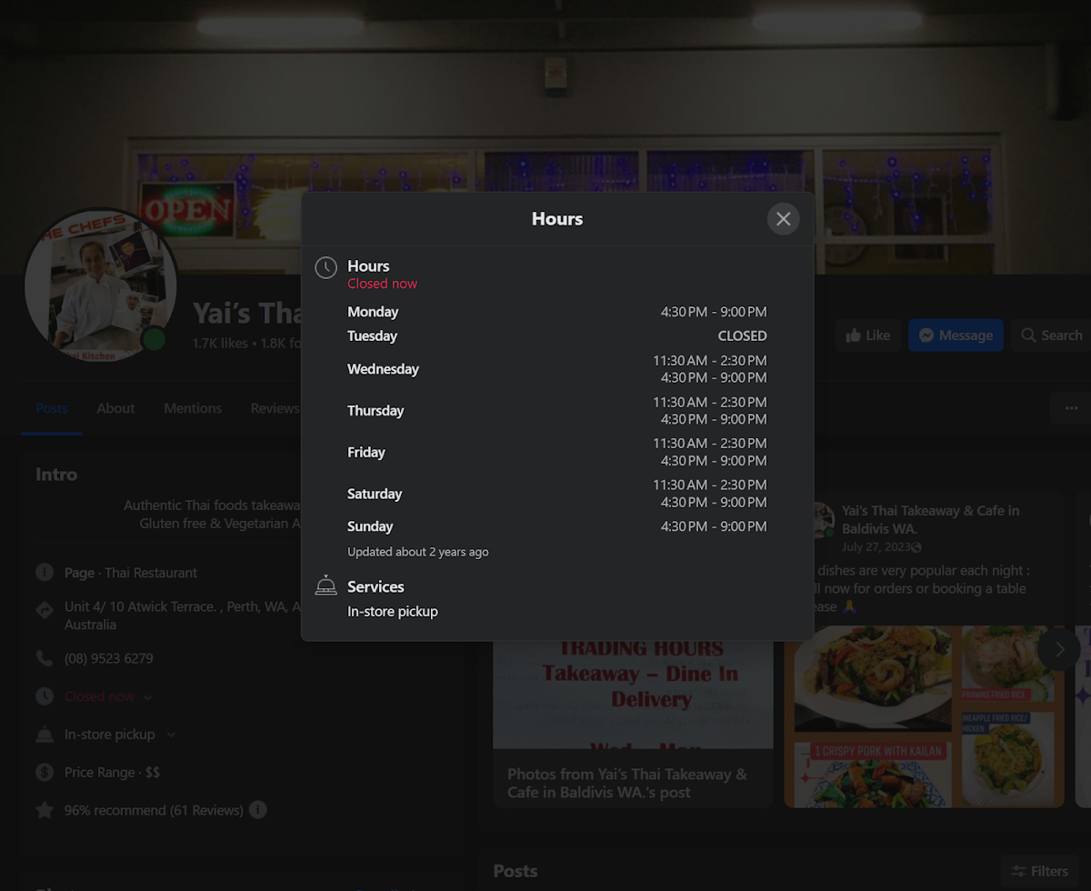 Menu, Yai’s Thai Takeaway & Cafe
