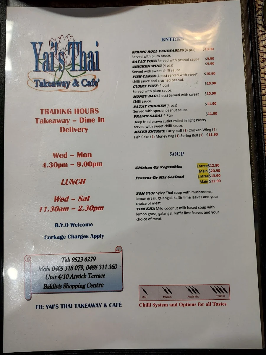 Menu, Yai’s Thai Takeaway & Cafe