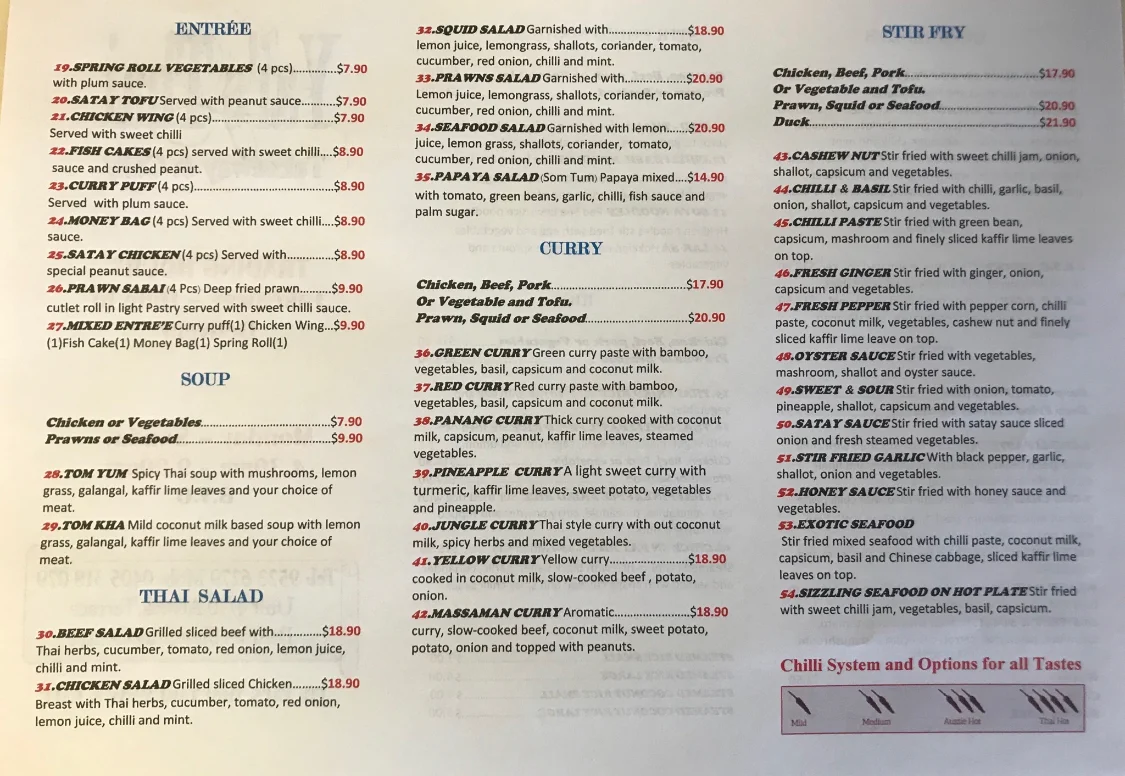 Menu, Yai’s Thai Takeaway & Cafe