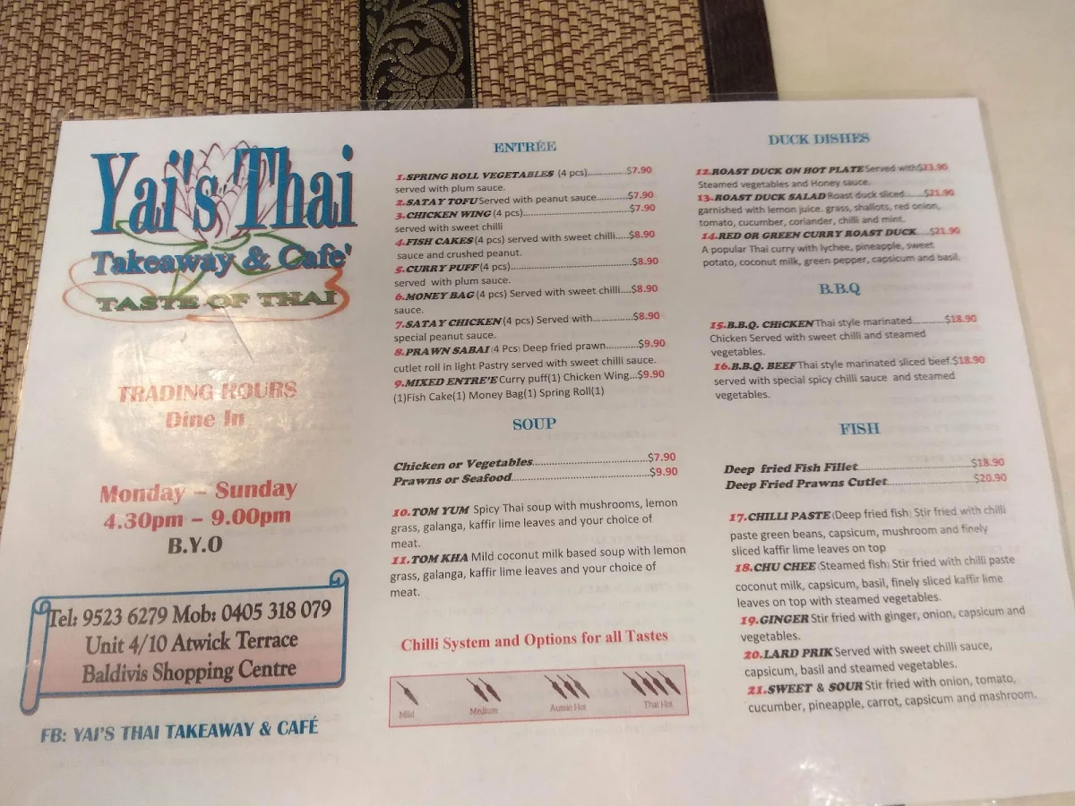 Menu, Yai’s Thai Takeaway & Cafe