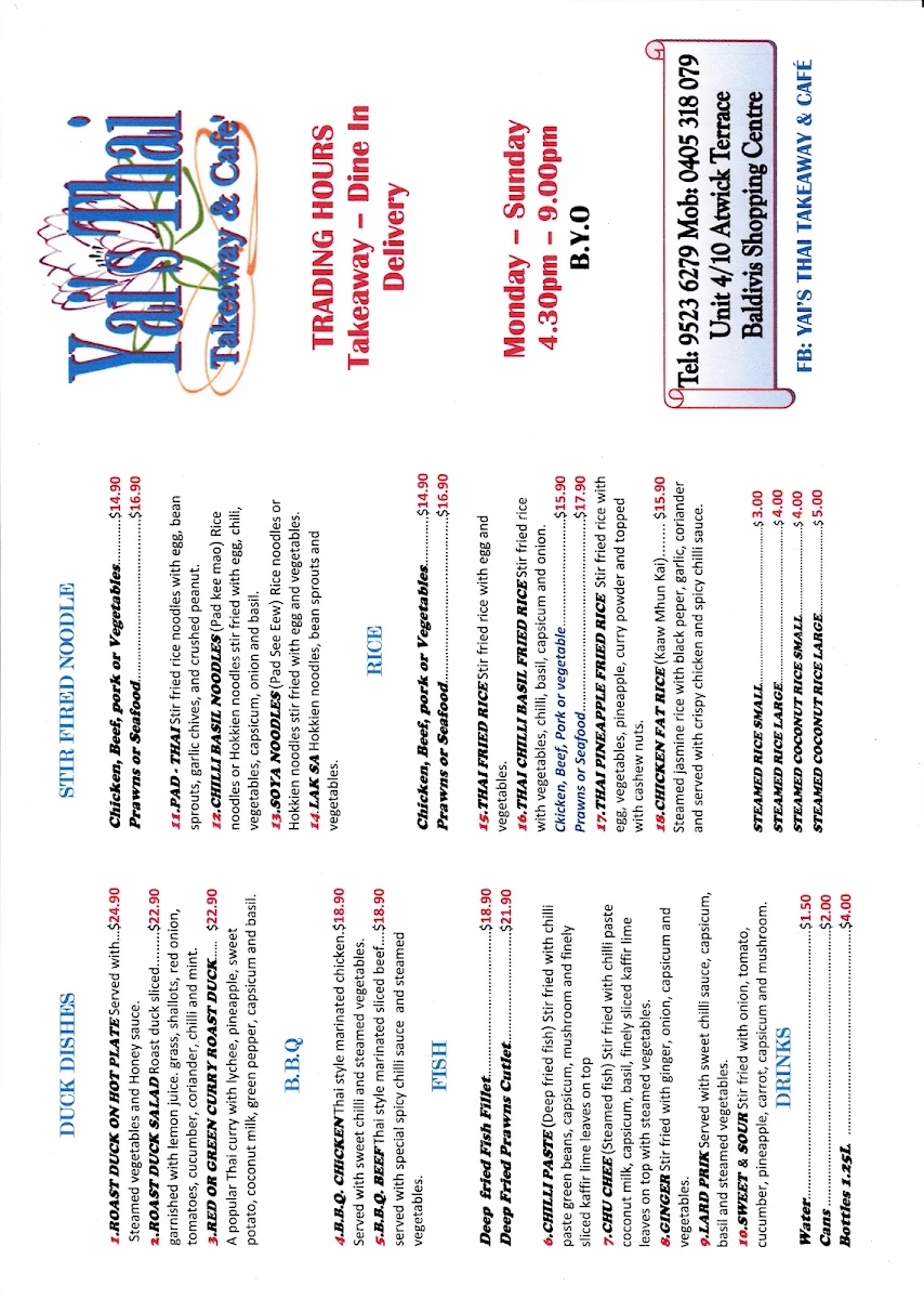 Menu, Yai’s Thai Takeaway & Cafe