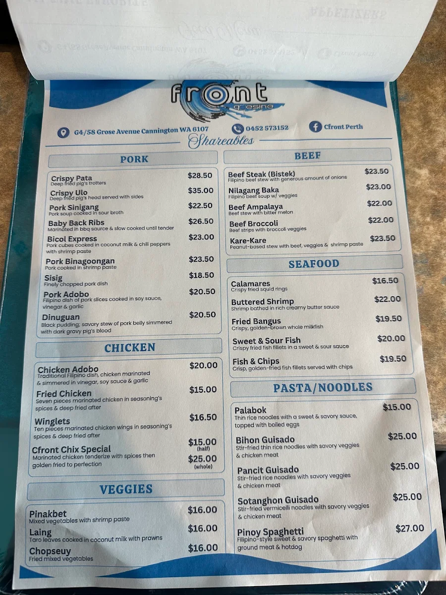 Menu, Cfront Quesine