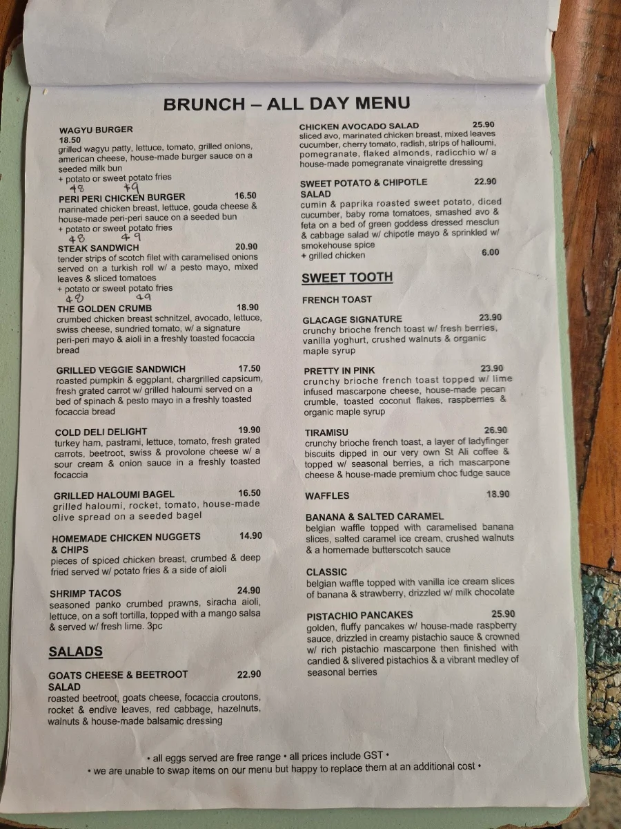 Menu, Glaçage