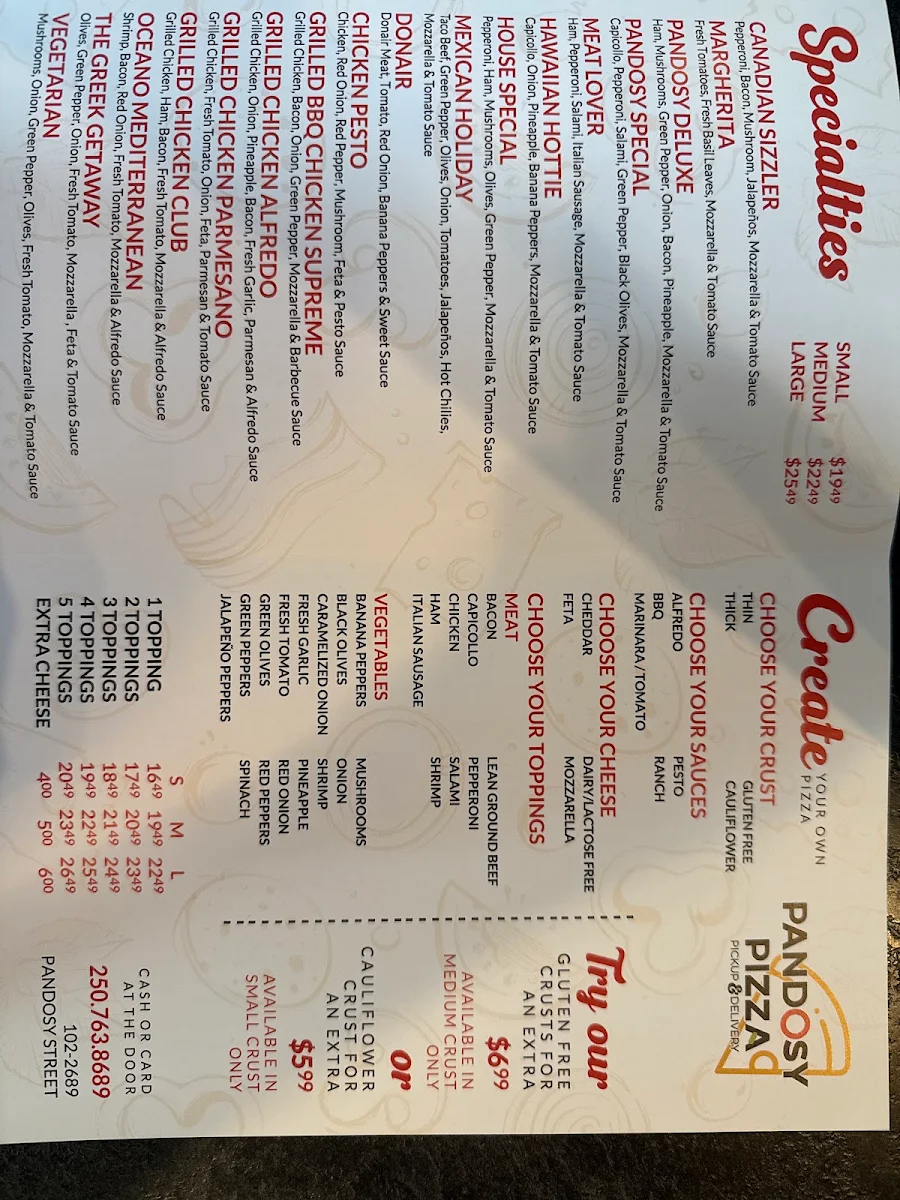 Menu, Pandosy pizza